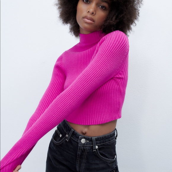 Zara fuchsia pink ribbed crop mock neck sweater - Picture 6 of 8